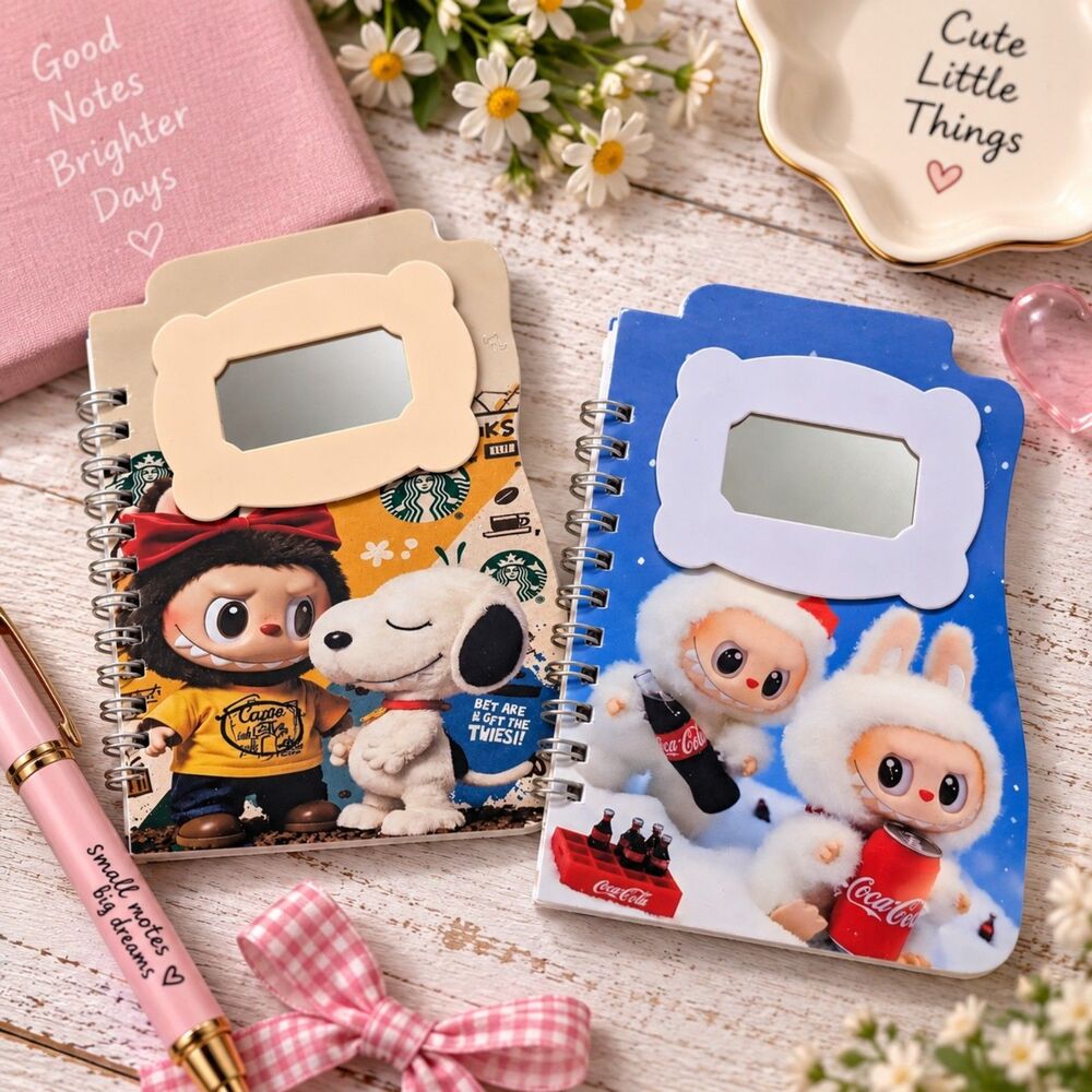 Mini Spiral Mirror Notebooks Set of 2, Labubu Style, Snoopy, Coca-Cola Starbucks